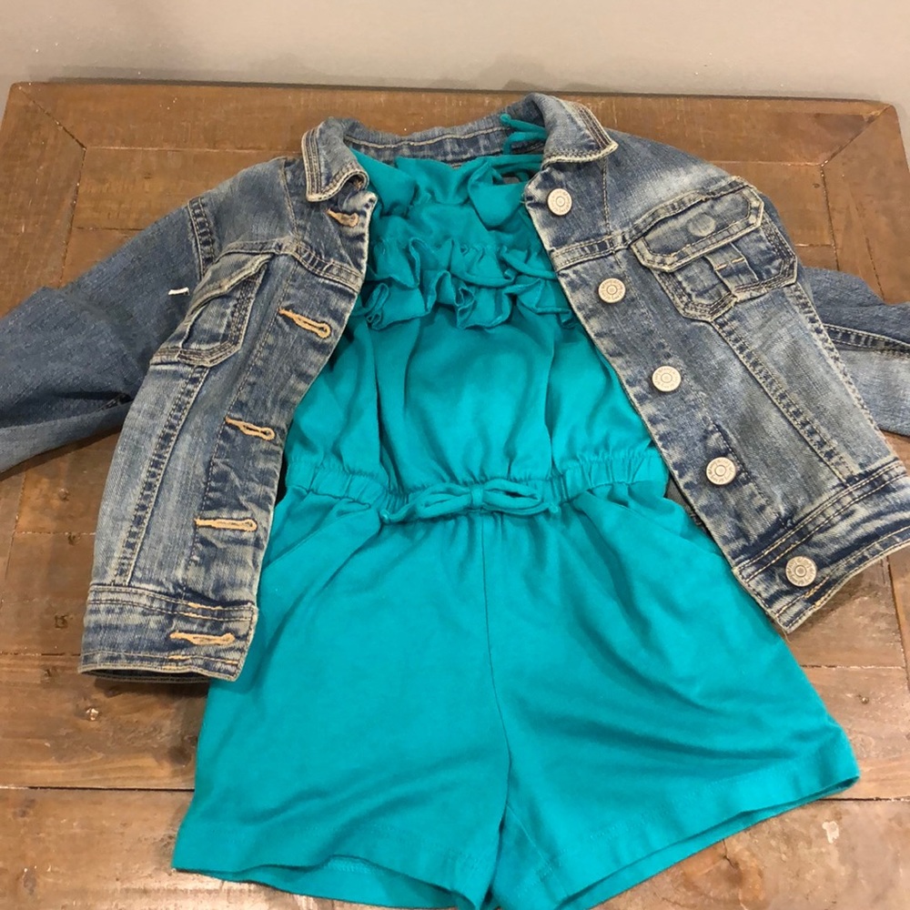 Denim Jean jacket and teal romper